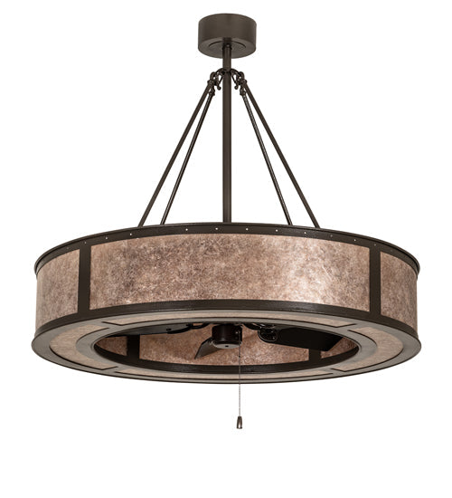 Meyda Lighting Smythe Craftsman 45" 8-Light Textured Timeless Bronze Chandelier With Silver Mica Shade Glass and Fan