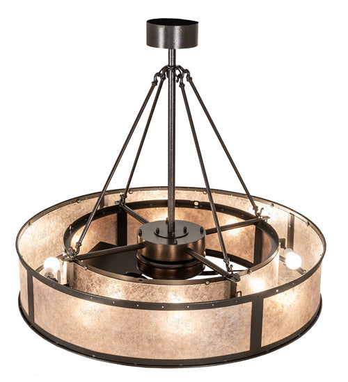 Meyda Lighting Smythe Craftsman 45" 8-Light Textured Timeless Bronze Chandelier With Silver Mica Shade Glass and Fan