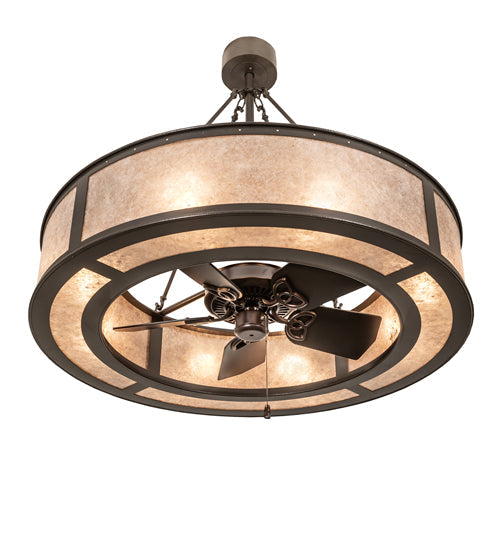 Meyda Lighting Smythe Craftsman 45" 8-Light Textured Timeless Bronze Chandelier With Silver Mica Shade Glass and Fan