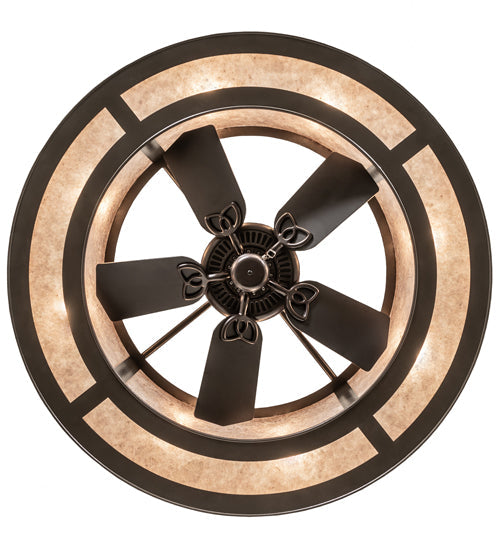Meyda Lighting Smythe Craftsman 45" 8-Light Textured Timeless Bronze Chandelier With Silver Mica Shade Glass and Fan