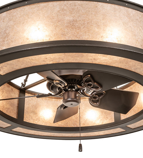 Meyda Lighting Smythe Craftsman 45" 8-Light Textured Timeless Bronze Chandelier With Silver Mica Shade Glass and Fan