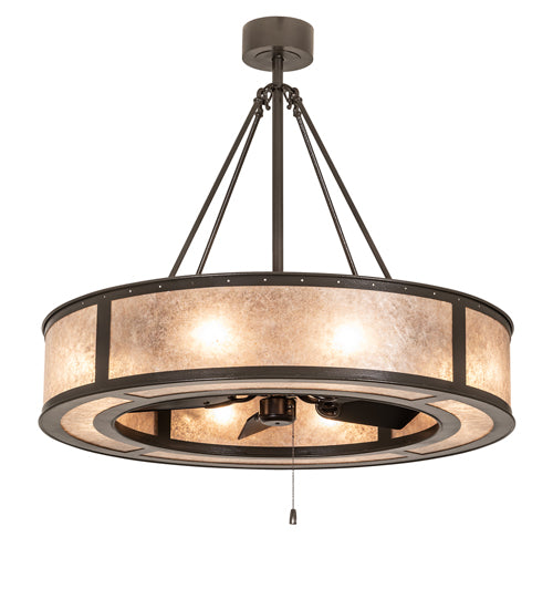 Meyda Lighting Smythe Craftsman 45" 8-Light Textured Timeless Bronze Chandelier With Silver Mica Shade Glass and Fan