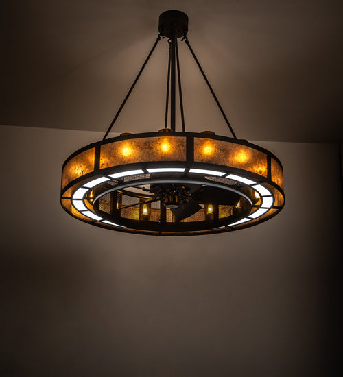Meyda Lighting Smythe Craftsman 48" 16-Light Oil Rubbed Bronze Chandelier With Amber Glass & Silver Mica Shade Glass and Fan