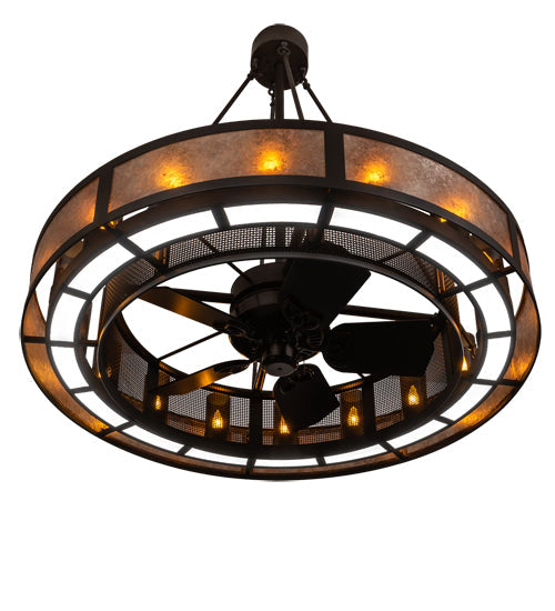 Meyda Lighting Smythe Craftsman 48" 16-Light Oil Rubbed Bronze Chandelier With Amber Glass & Silver Mica Shade Glass and Fan