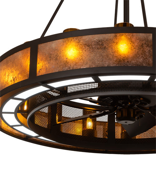 Meyda Lighting Smythe Craftsman 48" 16-Light Oil Rubbed Bronze Chandelier With Amber Glass & Silver Mica Shade Glass and Fan