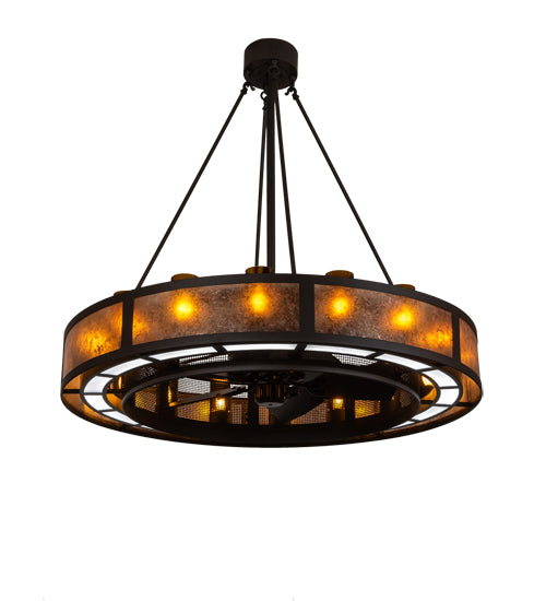 Meyda Lighting Smythe Craftsman 48" 16-Light Oil Rubbed Bronze Chandelier With Amber Glass & Silver Mica Shade Glass and Fan
