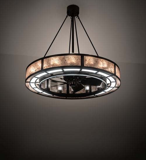 Meyda Lighting Smythe Craftsman 48" 16-Light Oil Rubbed Bronze Chandelier With Frosted Seeded & Silver Mica Shade Glass and Fan