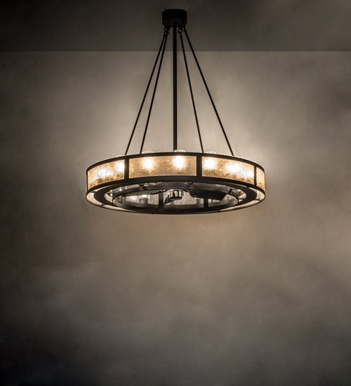 Meyda Lighting Smythe Craftsman 48" 16-Light Oil Rubbed Bronze Chandelier With Silver Mica & Clear Seeded Shade Glass and Fan