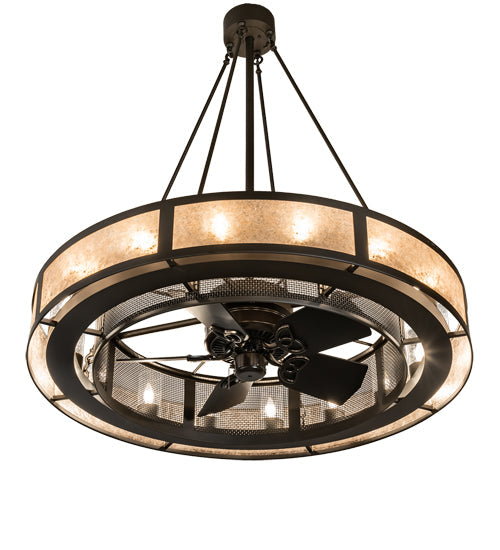 Meyda Lighting Smythe Craftsman 48" 16-Light Oil Rubbed Bronze Chandelier With Silver Mica & Clear Seeded Shade Glass and Fan