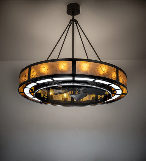 Meyda Lighting Smythe Craftsman 48" 16-Light Timeless Bronze Chandelier With Amber Frosted Glass, Silver Mica, Statuario Idalight Shade and Fan