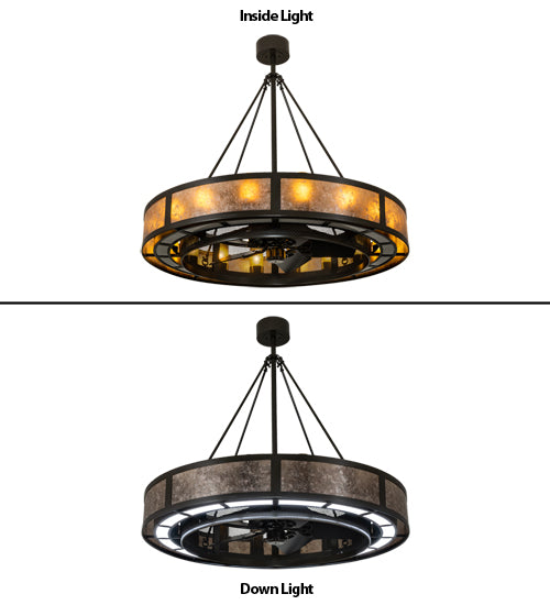 Meyda Lighting Smythe Craftsman 48" 16-Light Timeless Bronze Chandelier With Amber Frosted Glass, Silver Mica, Statuario Idalight Shade and Fan