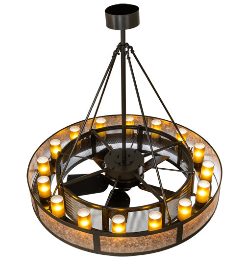 Meyda Lighting Smythe Craftsman 48" 16-Light Timeless Bronze Chandelier With Amber Frosted Glass, Silver Mica, Statuario Idalight Shade and Fan