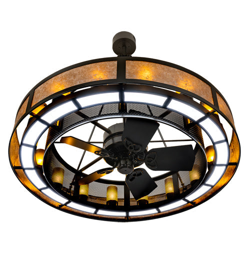 Meyda Lighting Smythe Craftsman 48" 16-Light Timeless Bronze Chandelier With Amber Frosted Glass, Silver Mica, Statuario Idalight Shade and Fan
