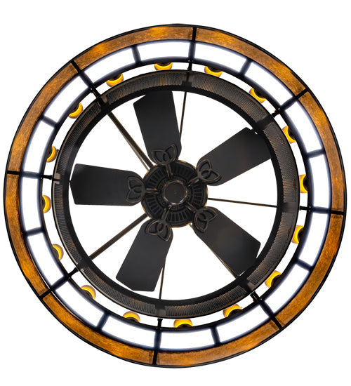 Meyda Lighting Smythe Craftsman 48" 16-Light Timeless Bronze Chandelier With Amber Frosted Glass, Silver Mica, Statuario Idalight Shade and Fan