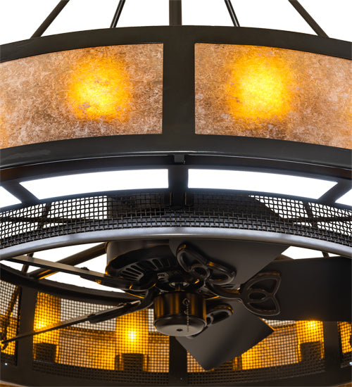 Meyda Lighting Smythe Craftsman 48" 16-Light Timeless Bronze Chandelier With Amber Frosted Glass, Silver Mica, Statuario Idalight Shade and Fan