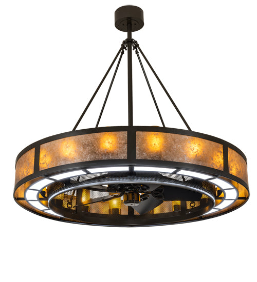 Meyda Lighting Smythe Craftsman 48" 16-Light Timeless Bronze Chandelier With Amber Frosted Glass, Silver Mica, Statuario Idalight Shade and Fan