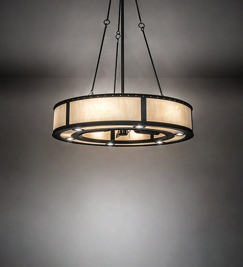 Meyda Lighting Smythe Craftsman 49" 12-Light Natural Iron Chandelier With Beige Sahara Taupe Idalight Shade and Fan