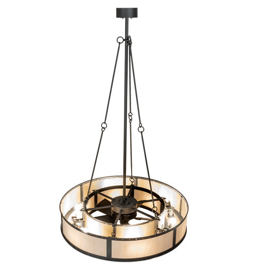 Meyda Lighting Smythe Craftsman 49" 12-Light Natural Iron Chandelier With Beige Sahara Taupe Idalight Shade and Fan
