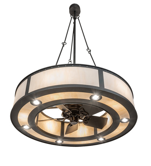 Meyda Lighting Smythe Craftsman 49" 12-Light Natural Iron Chandelier With Beige Sahara Taupe Idalight Shade and Fan