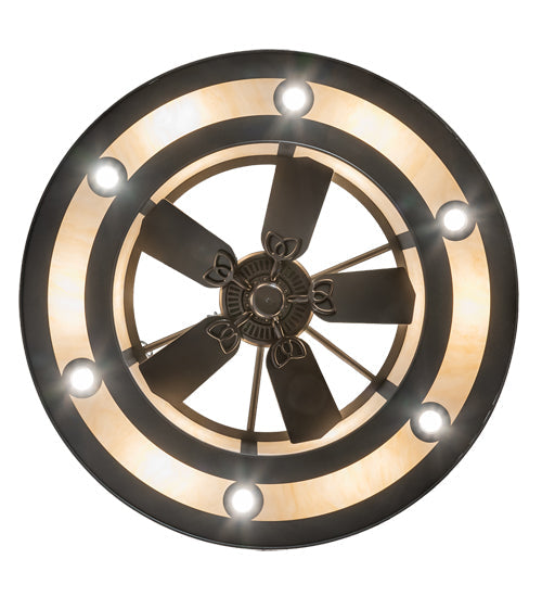 Meyda Lighting Smythe Craftsman 49" 12-Light Natural Iron Chandelier With Beige Sahara Taupe Idalight Shade and Fan