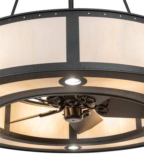 Meyda Lighting Smythe Craftsman 49" 12-Light Natural Iron Chandelier With Beige Sahara Taupe Idalight Shade and Fan