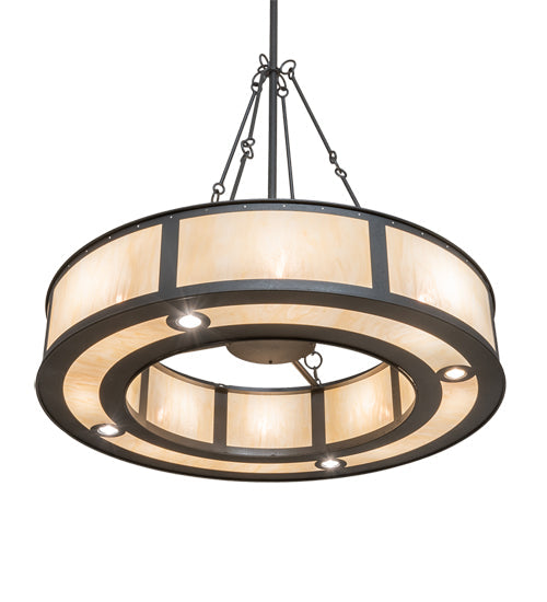 Meyda Lighting Smythe Craftsman 49" 12-Light Natural Iron Pendant Light With Beige Sahara Taupe Idalight Shade