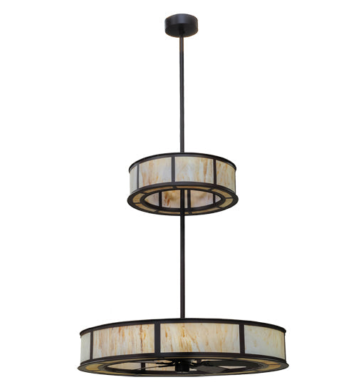 Meyda Lighting Smythe Craftsman 56" 16-Light 2-Tier Cafe Noir Chandelier With Randsburg Rock Idalight Shade Glass and Fan