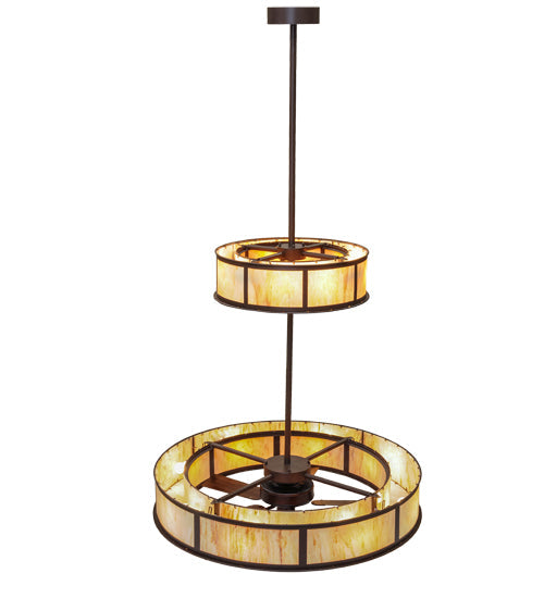 Meyda Lighting Smythe Craftsman 56" 16-Light 2-Tier Cafe Noir Chandelier With Randsburg Rock Idalight Shade Glass and Fan