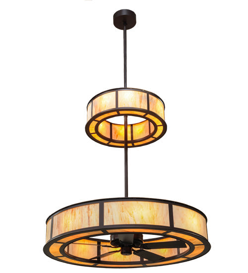 Meyda Lighting Smythe Craftsman 56" 16-Light 2-Tier Cafe Noir Chandelier With Randsburg Rock Idalight Shade Glass and Fan