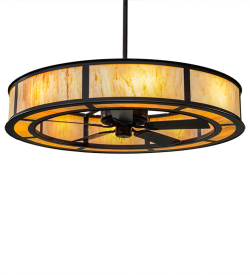 Meyda Lighting Smythe Craftsman 56" 16-Light 2-Tier Cafe Noir Chandelier With Randsburg Rock Idalight Shade Glass and Fan