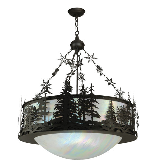 Meyda Lighting Snowflake 32" 3-Light Oil Rubbed Bronze Inverted Pendant Light With Iridescent White Shade Glass