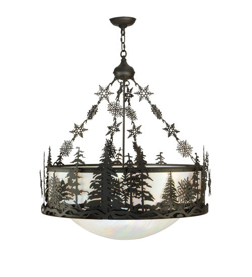 Meyda Lighting Snowflake 32" 3-Light Oil Rubbed Bronze Inverted Pendant Light With Iridescent White Shade Glass