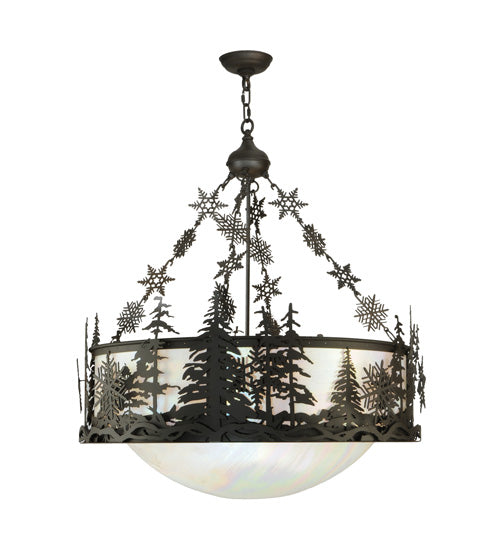 Meyda Lighting Snowflake 32" 3-Light Oil Rubbed Bronze Inverted Pendant Light With Iridescent White Shade Glass