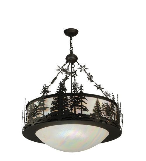 Meyda Lighting Snowflake 32" 3-Light Oil Rubbed Bronze Inverted Pendant Light With Iridescent White Shade Glass