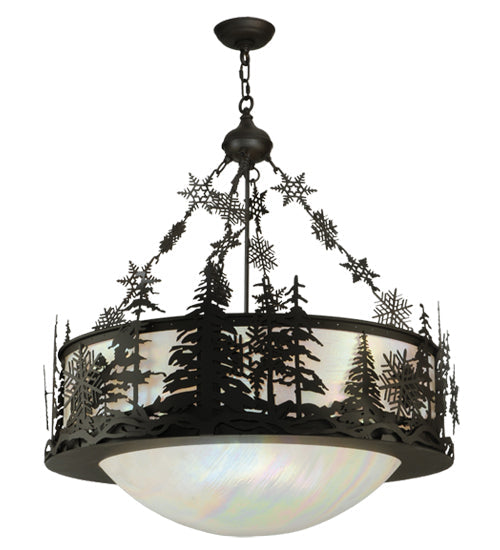 Meyda Lighting Snowflake 32" 3-Light Oil Rubbed Bronze Inverted Pendant Light With Iridescent White Shade Glass
