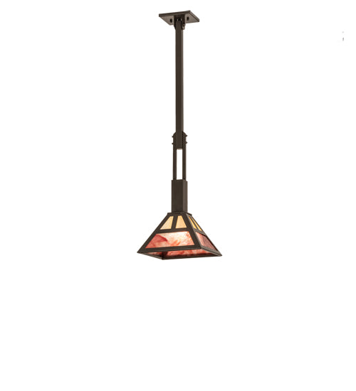 Meyda Lighting Soffe 14" Timeless Bronze "T" Mission Pendant Light With Beige Iridescent & Burgundy Shade Glass