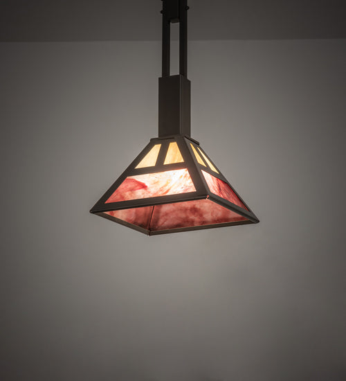 Meyda Lighting Soffe 14" Timeless Bronze "T" Mission Pendant Light With Beige Iridescent & Burgundy Shade Glass