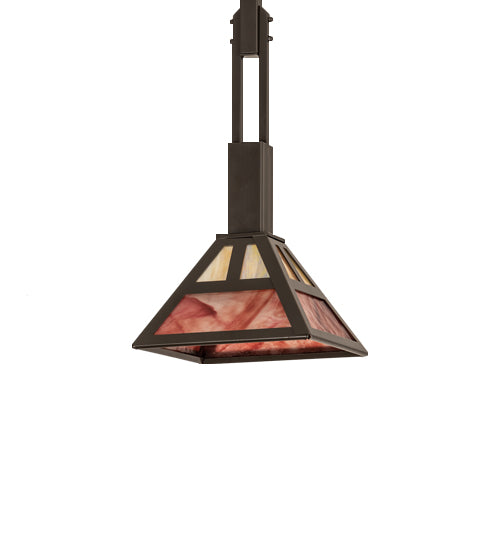 Meyda Lighting Soffe 14" Timeless Bronze "T" Mission Pendant Light With Beige Iridescent & Burgundy Shade Glass