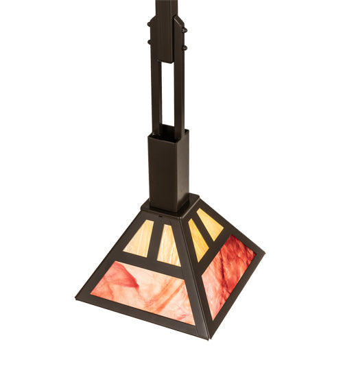 Meyda Lighting Soffe 14" Timeless Bronze "T" Mission Pendant Light With Beige Iridescent & Burgundy Shade Glass
