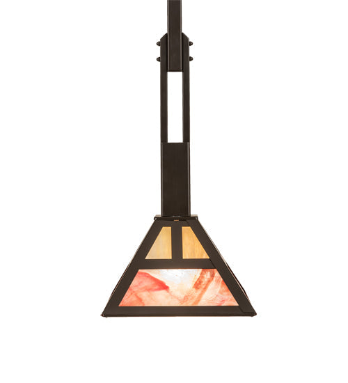 Meyda Lighting Soffe 14" Timeless Bronze "T" Mission Pendant Light With Beige Iridescent & Burgundy Shade Glass