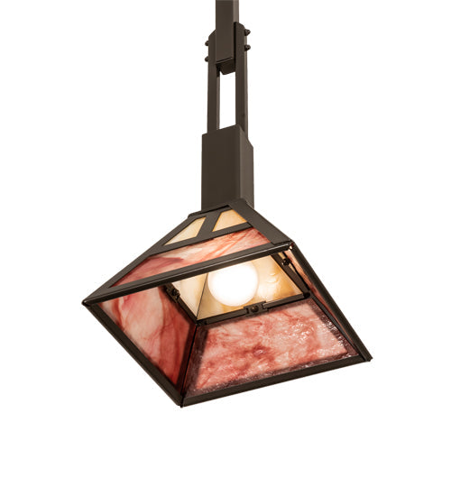 Meyda Lighting Soffe 14" Timeless Bronze "T" Mission Pendant Light With Beige Iridescent & Burgundy Shade Glass