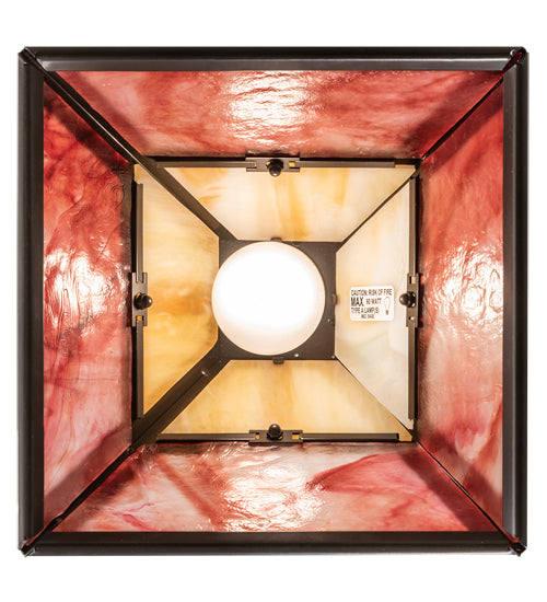 Meyda Lighting Soffe 14" Timeless Bronze "T" Mission Pendant Light With Beige Iridescent & Burgundy Shade Glass