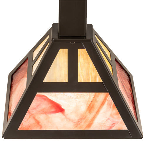 Meyda Lighting Soffe 14" Timeless Bronze "T" Mission Pendant Light With Beige Iridescent & Burgundy Shade Glass
