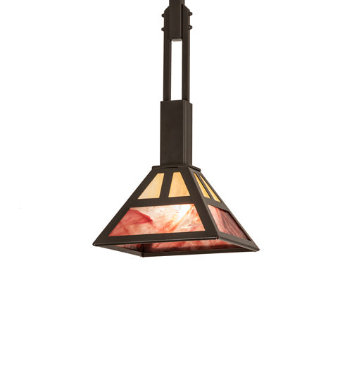 Meyda Lighting Soffe 14" Timeless Bronze "T" Mission Pendant Light With Beige Iridescent & Burgundy Shade Glass
