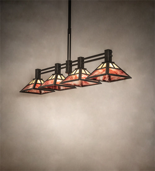 Meyda Lighting Soffe 64" 4-Light Timeless Bronze "T" Mission Island Pendant Light With Beige Iridescent & Burgundy Shade Glass