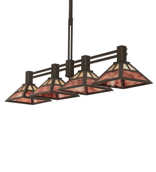 Meyda Lighting Soffe 64" 4-Light Timeless Bronze "T" Mission Island Pendant Light With Beige Iridescent & Burgundy Shade Glass