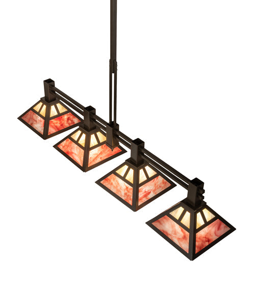Meyda Lighting Soffe 64" 4-Light Timeless Bronze "T" Mission Island Pendant Light With Beige Iridescent & Burgundy Shade Glass