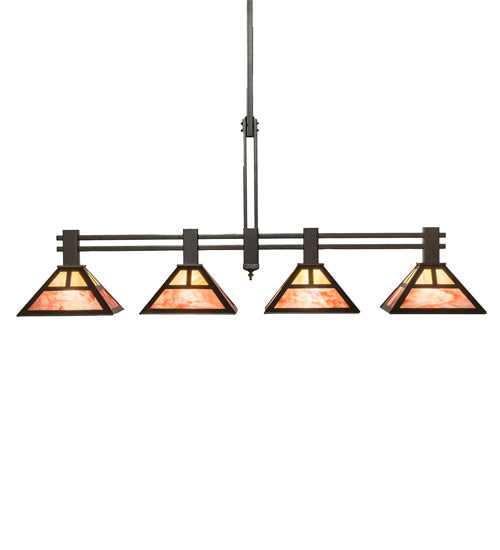 Meyda Lighting Soffe 64" 4-Light Timeless Bronze "T" Mission Island Pendant Light With Beige Iridescent & Burgundy Shade Glass