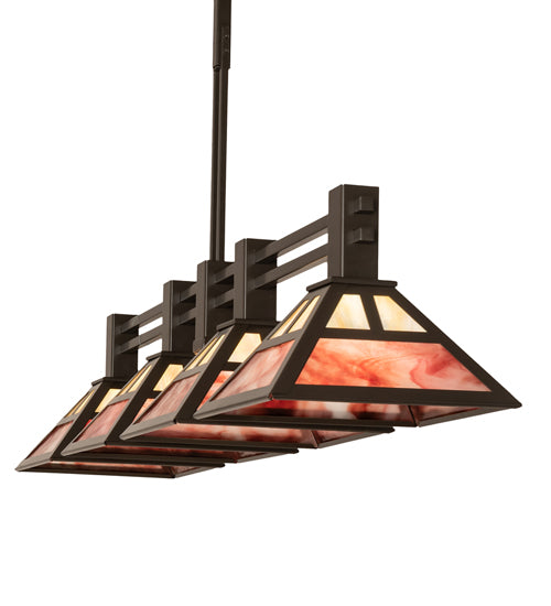 Meyda Lighting Soffe 64" 4-Light Timeless Bronze "T" Mission Island Pendant Light With Beige Iridescent & Burgundy Shade Glass