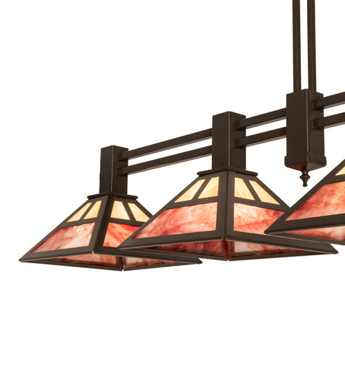 Meyda Lighting Soffe 64" 4-Light Timeless Bronze "T" Mission Island Pendant Light With Beige Iridescent & Burgundy Shade Glass